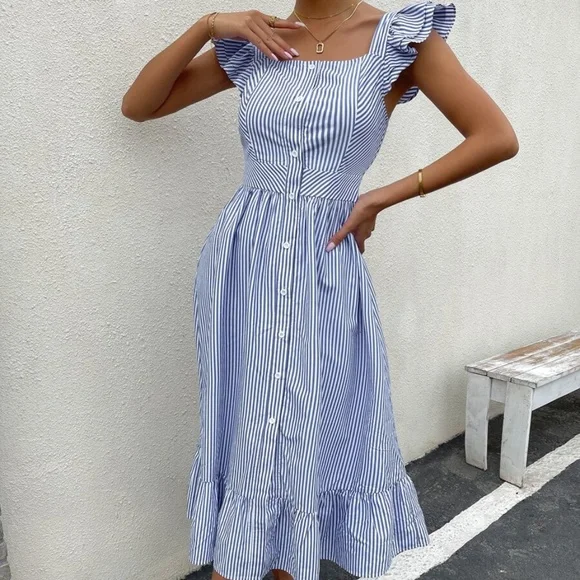 Boho Blue Stripes Ruffle Sleeve Button up Midi Dress - Picture 2 of 5